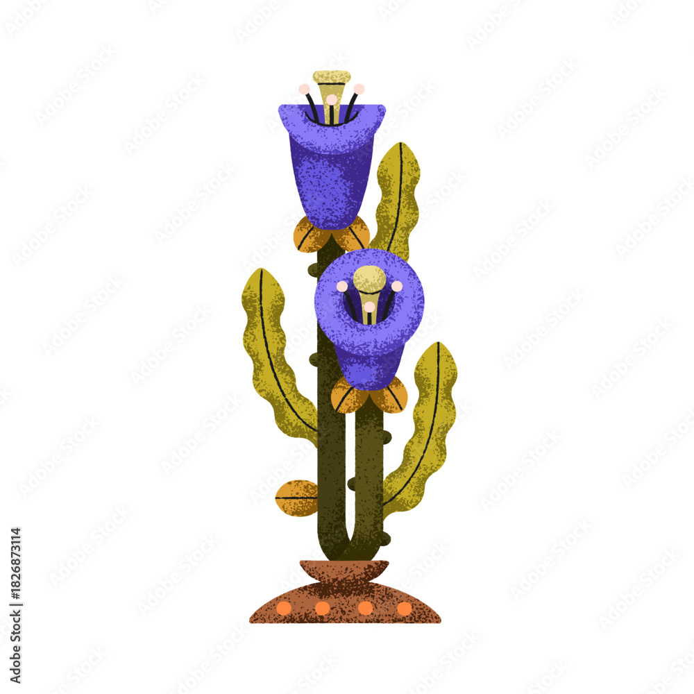 Naklejka premium Flower blossoms and leaves on branch. Stylized abstract floral plant, stem, creative exotic whimsical design element, summer nature decoration. Flat vector illustration isolated on white background.