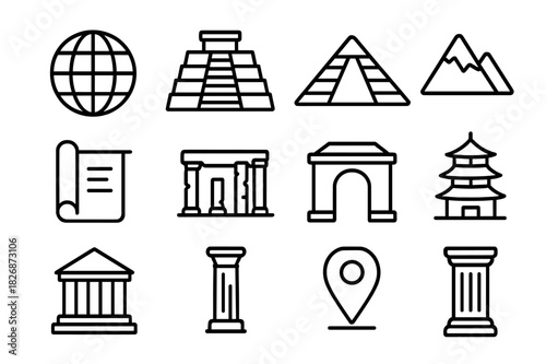 UNESCO Heritage Icons. UNESCO heritage. Line icon set of UNESCO heritage: globe, temple, pyramid, mountain, castle, scroll, ruins, archway, pagoda, museum,