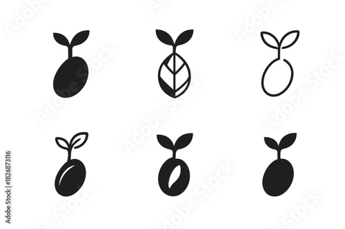 Seeds Logo Variations. seeds. Icon set. Set Logo of seeds: sprouting seedling. harmonious logo variations of the same emblematic concept, each with different