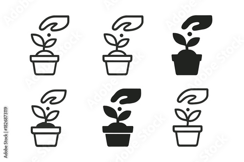 Garden Icon Set. Planting seeds in pots. Icon set. Set Logo of Planting seeds in pots: nursery tray of small pots. harmonious logo variations of the same