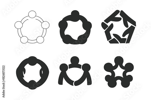 Friendship Logo Variations. Creating a positive friend group. Icon set. Set Logo of Creating a positive friend group: linked hands circle. harmonious logo
