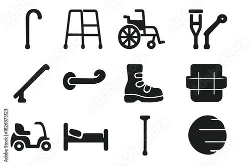 Elderly Aid Icons. Elderly aids. Solid icon set of Elderly aids: walking cane, walker, wheelchair, crutches, handrail, grab bar, orthopedic shoe, support belt,