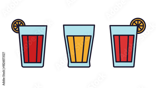 Three refreshing drinks with lemon slices on white background