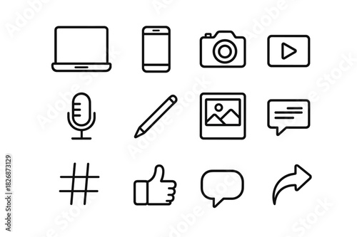 Content Creation Icons. Content creation. Line icon set of Content creation: laptop, smartphone, camera, video play button, microphone, pen, social media post,