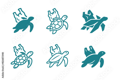 Wildlife Protection Icons. Endangered species. Icon set. Set Logo of wildlife protection: turtle swimming near plastic. harmonious logo variations of the same