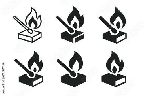 Fireplace Logo Variations. Lighting the fireplace. Icon set. Set Logo of Lighting the fireplace: match striking on box. harmonious logo variations of the same