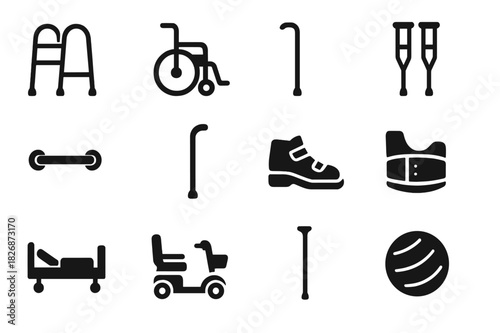 Mobility Device Icons. Mobility support devices. Solid icon set of Mobility support devices: walker, wheelchair, cane, crutches, handrail, grab bar, orthopedic