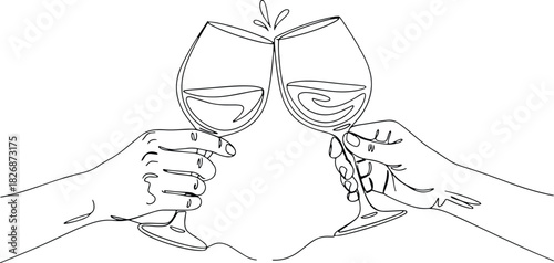Hands clinking glasses line art, celebratory toast, cheers, success.