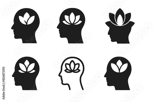 Emotional Intelligence Logos. Emotional intelligence leadership. Icon set. Set Logo of Emotional intelligence leadership: mindful head silhouette with lotus.