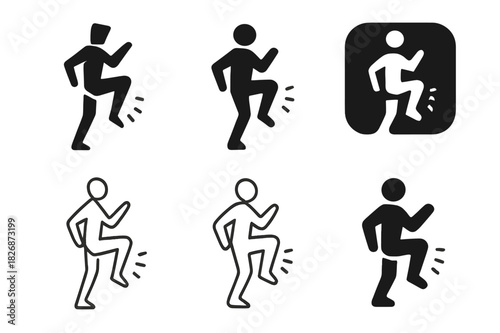 High Knees Logo Variations. high knees exercise. Icon set. Set Logo of high knees exercise: side silhouette with knee track lines. harmonious logo variations