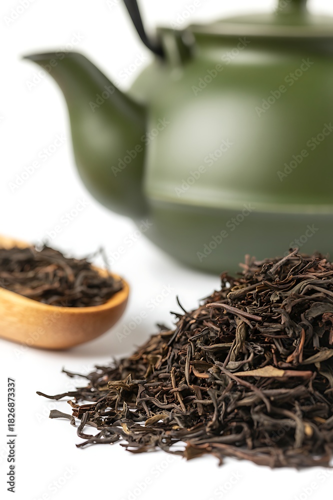 Fototapeta premium Green teapot and dry loose leaf black tea in wooden spoon and pile