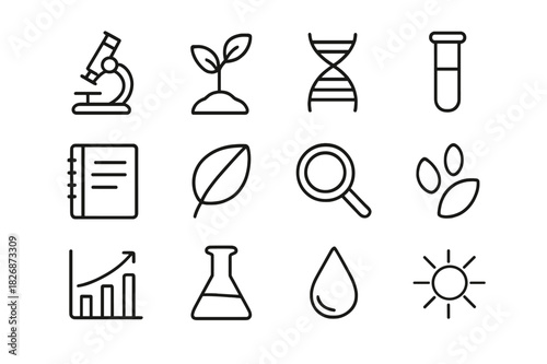 Agro Research Icons. Agro research. Line icon set of agro research: microscope, plant, DNA strand, test tube, notebook, leaf, magnifying glass, seeds, graph,