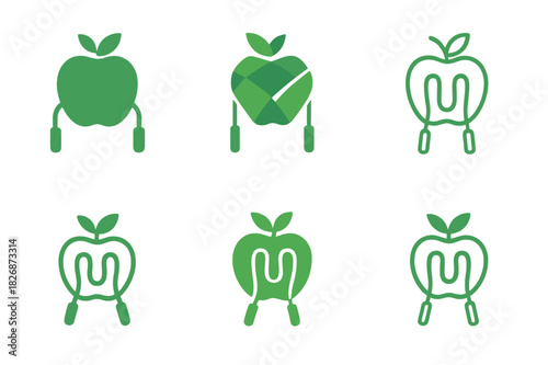 Childhood Obesity Prevention Logos. childhood obesity prevention. Icon set. Set Logo of childhood obesity prevention: apple and jump rope. harmonious logo