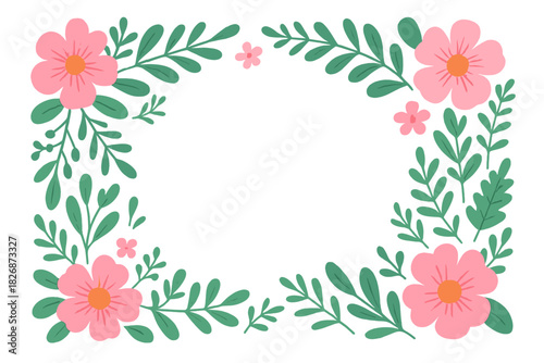 Decorative floral border with pink blossoms and lush green foliage around central copy space