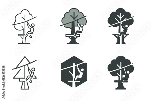 Zip-Line Adventure Icons. Outdoor adventure parks and zip-lining. Icon set. Set Logo of outdoor adventure parks and zip-lining: tree platform connected by