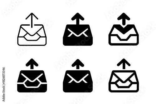Outgoing Mail Icon Set. Outgoing mail tray. Icon set. Set Logo of outgoing mail tray: envelope with arrow. harmonious logo variations of the same emblematic