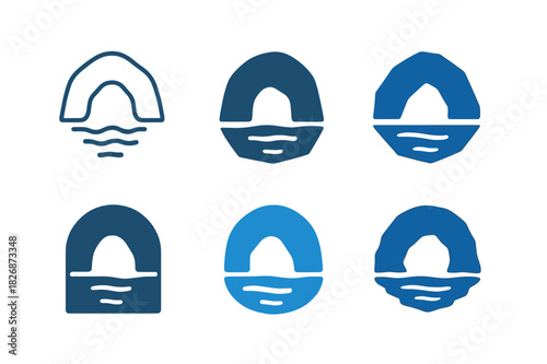 Underwater Caves Logos. underwater caves. Icon set. Set Logo of underwater caves: submerged rock arch. harmonious logo variations of the same emblematic