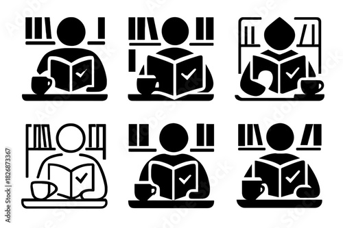 Reading Icon Variations. A person reading a self-help book at a cafe or library. Icon set. Set Logo of A person reading a self-help book at a cafe or library: