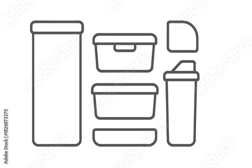 Set of outline icons depicting various food storage containers and a protein shaker