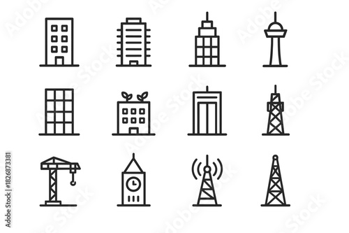 Tower Icon Set. Tower architecture. Line icon set of Tower architecture: office building, residential tower, skyscraper, mixed-use tower, observation deck,