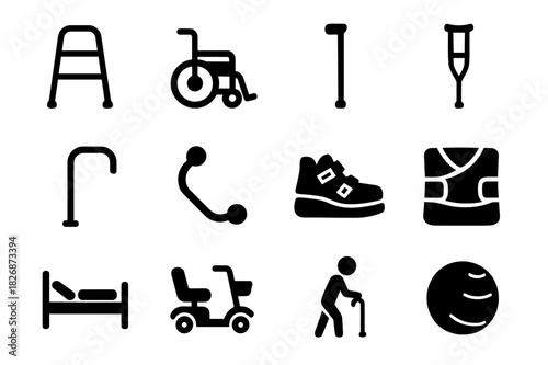 Mobility Device Icons. Mobility support devices. Solid icon set of Mobility support devices: walker, wheelchair, cane, crutches, handrail, grab bar, orthopedic