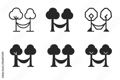 Hammock Logo Variations. Setting up a hammock. Icon set. Set Logo of setting up a hammock: hammock tied between two trees. harmonious logo variations of the
