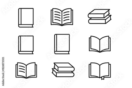 Various book symbols showing open pages, closed covers, and stacked volumes