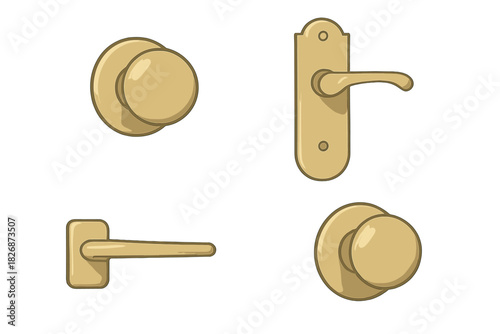 Collection of various brass door knobs and handles for interior design elements