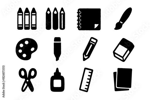 Kids Drawing Tools. Kids drawing. Solid icon set of Kids drawing: crayons, colored pencils, sketchbook, paintbrush, palette, marker, pencil, eraser, scissors,