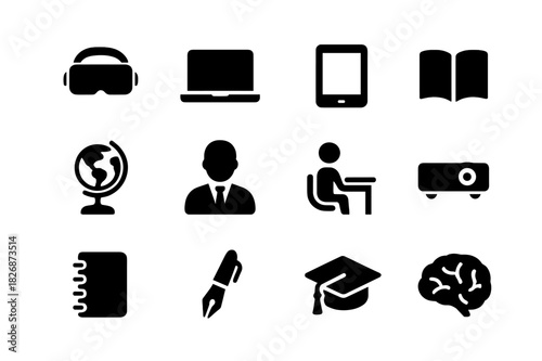 Digital Classroom Icons. Digital classroom. Solid icon set of Digital classroom: VR headset, laptop, tablet, book, globe, teacher, student,