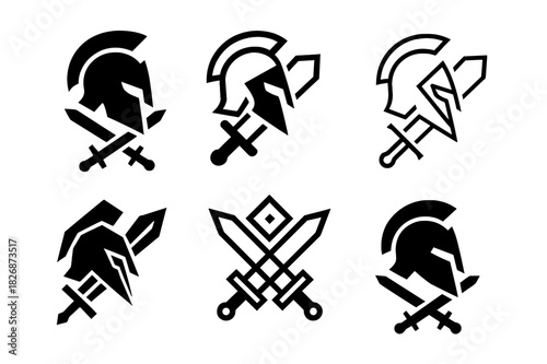 Offense vs Defense Icons. Offense vs Defense. Icon set. Set Logo of Offense vs Defense: battle helmet. harmonious logo variations of the same emblematic
