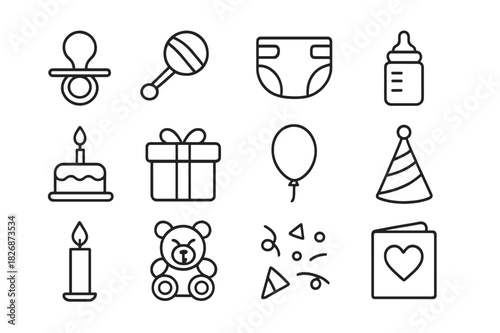 Newborn Party Icons. Newborn party. Line icon set of Newborn party: pacifier, baby rattle, diaper, baby bottle, cake, gift box, balloon, party hat, candle,