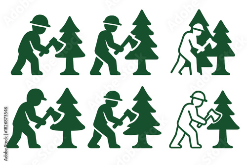 Forestry Icon Set. Loggers cutting trees in forests. Icon set. Set Logo of forestry work: helmet and axe icon. harmonious logo variations of the same