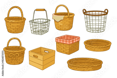 Set of household storage containers including wicker baskets, wire hampers, and wooden crates