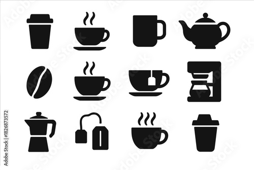 Coffee and tea cups, teapots, beans, and brewing equipment silhouette symbols