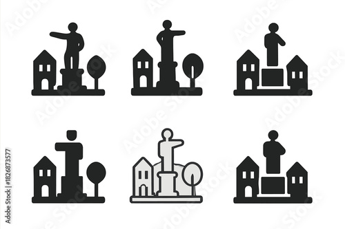 Town Square Icon Variations. town square. Icon set. Set Logo of town square: statue centerpiece icon. harmonious logo variations of the same emblematic