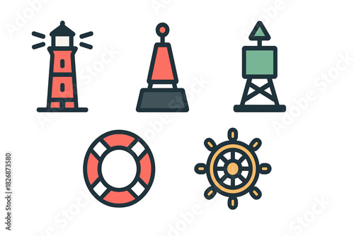 Essential nautical symbols set including lighthouse, buoys, life preserver, and ship helm