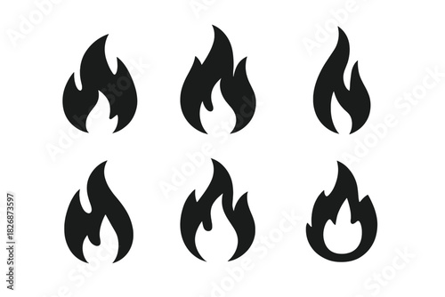 Six different stylized black flame shapes representing heat energy and danger