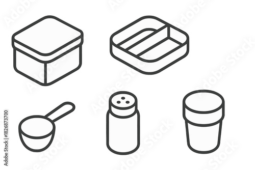 Isometric outline icons set featuring meal prep containers, measuring scoop, and spice shaker