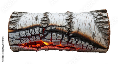 Burning birch log isolated PNG, firewood with flames on transparent background for campfire and winter season
