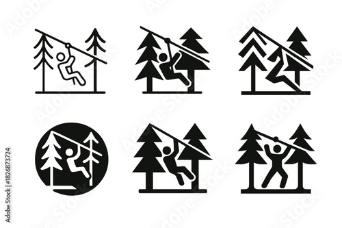 Adventure Park Logos. Outdoor adventure parks and zip-lining. Icon set. Set Logo of outdoor adventure parks and zip-lining: person gliding on a zip-line