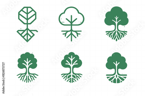 Community Garden Logos. community gardens. Icon set. Set Logo of community gardens: tree with roots. harmonious logo variations of the same emblematic concept,