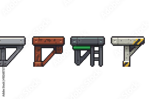 Various modular construction elements including metal, rusty, and caution striped ledges