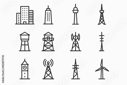 Multi-Purpose Structure Icons. Multi-purpose structures. Line icon set of Multi-purpose structures: mixed-use high-rise, office skyscraper, observation tower,