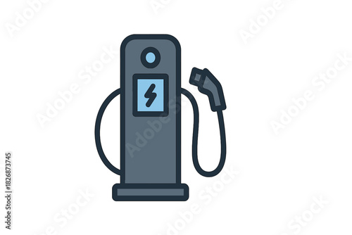 Electric vehicle charging station with power symbol and charging plug for sustainable energy infrastructure