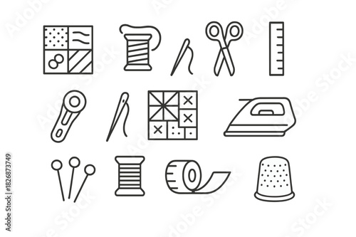 Patchwork Quilting Icons. Patchwork quilting. Line icon set of patchwork quilting: fabric square, thread, scissors, ruler, rotary cutter, needle, iron,