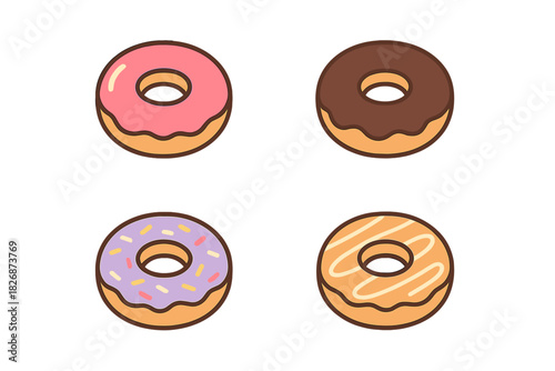 Four sweet glazed donuts with various colorful icing flavors