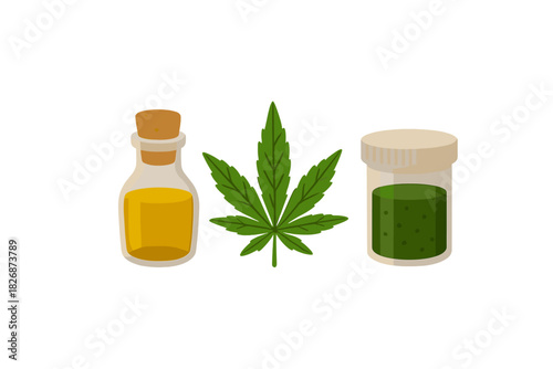Cannabis leaf, CBD oil bottle, and marijuana extract jar for wellness