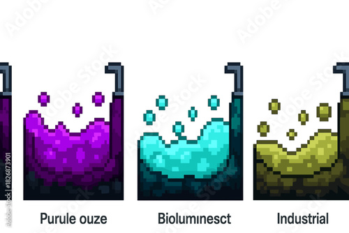 Pixel art chemical liquids in beakers: purple, cyan, and industrial green colors