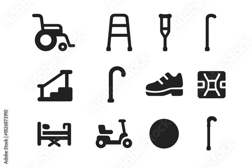 Rehabilitation Aids Icons. Rehabilitation aids. Solid icon set of Rehabilitation aids: wheelchair, walker, cane, crutches, handrail, grab bar, orthopedic shoe,